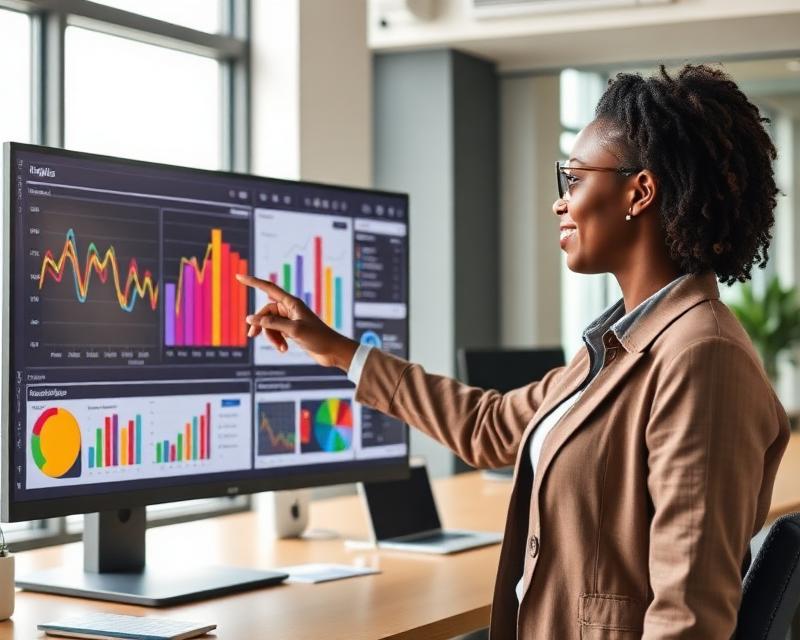 HR analyst pointing at real-time analytics dashboard charts on a large monitor