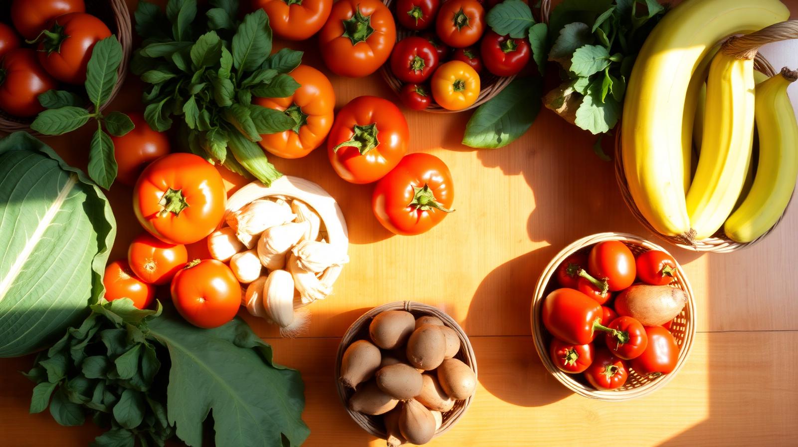 Fresh produce, vegetables and fruits arranged on a wooden table